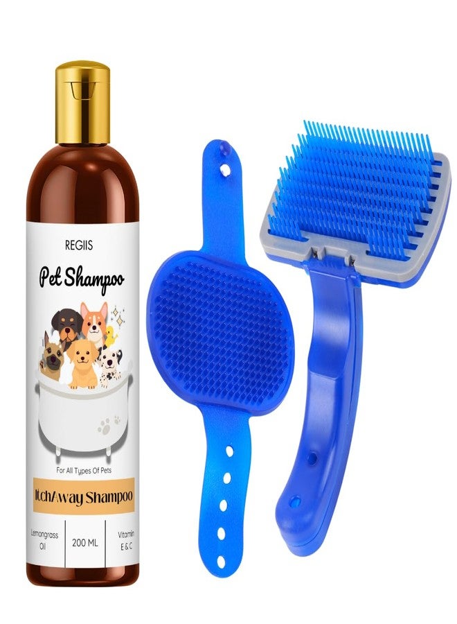 REGIIS Pet Shampoo and Grooming Brush Set, Lemongrass Oil Formula with Vitamin E&C, 200ml, Blue Silicone Brush for All Types of Pets(Pack of 3) - Image 1